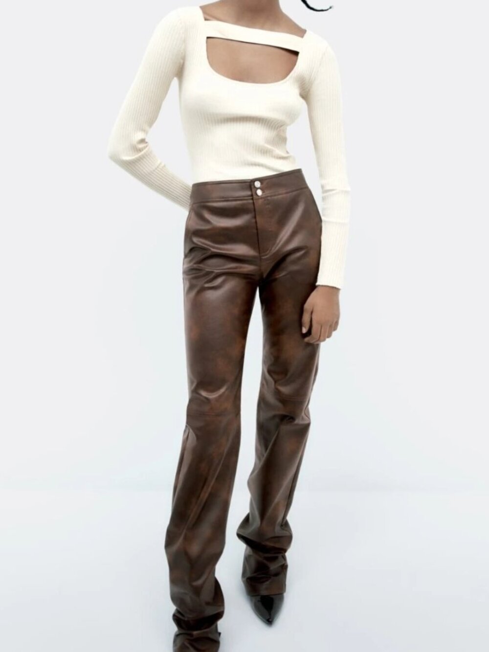 Zara Distressed Brown Faux Leather Straight Leg Pants Size S